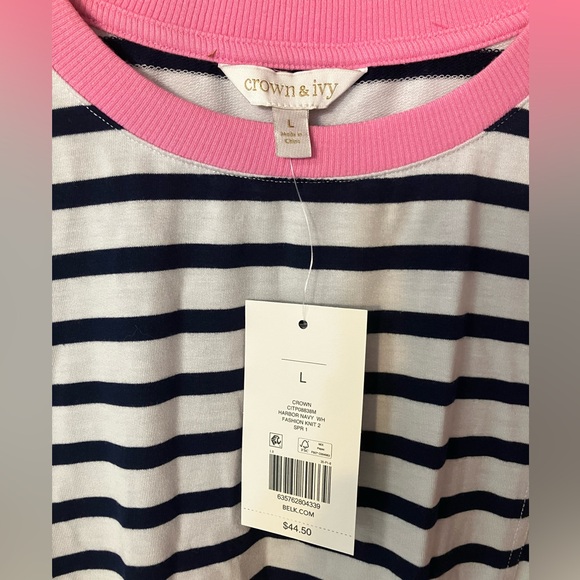 NWT Crown & Ivy Navy and Pink Striped Top - Picture 2 of 2